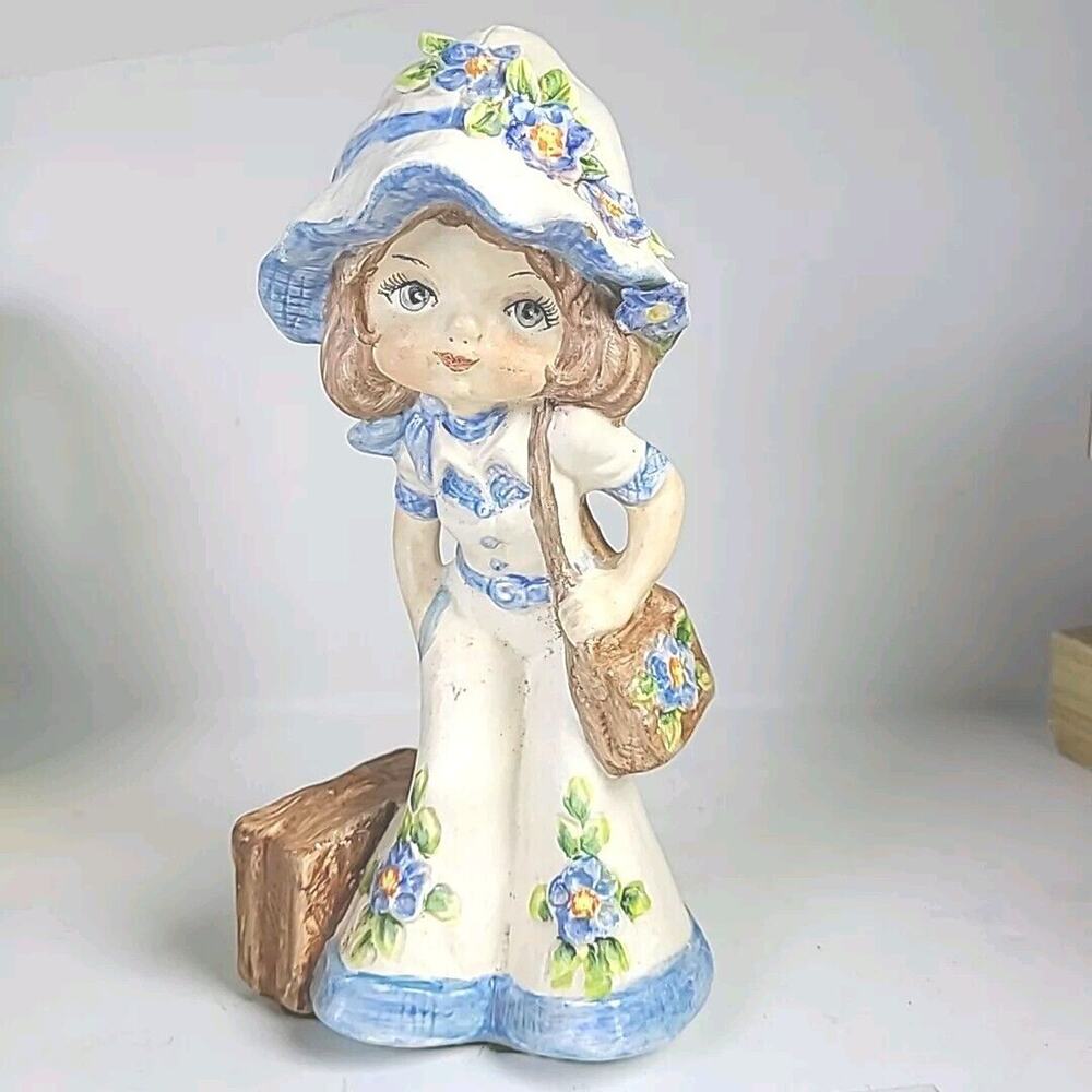 Vintage 1970s Blue Flower Hippie Boho Girl Purse Bell Bottoms Ceramic Figurine